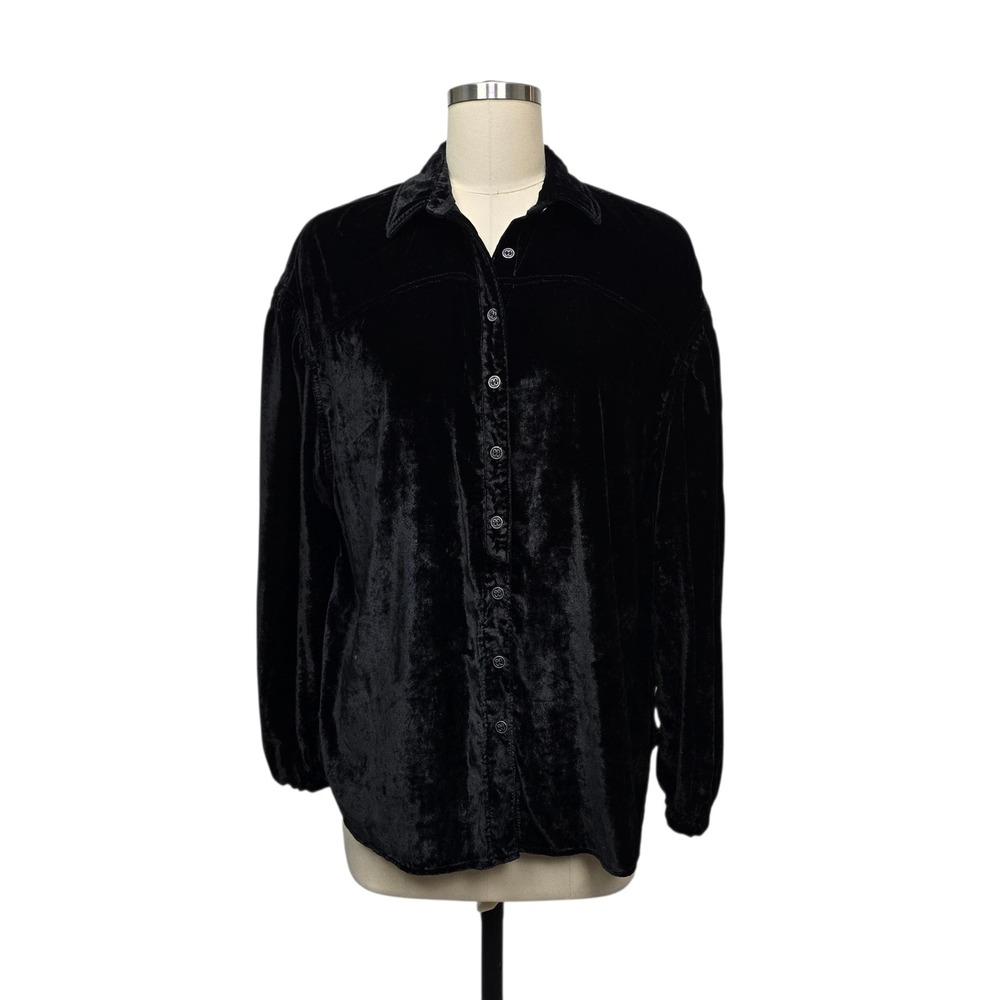 We The Free Free People Black Velvet Oversized Button Down Shirt Blouse Size XS